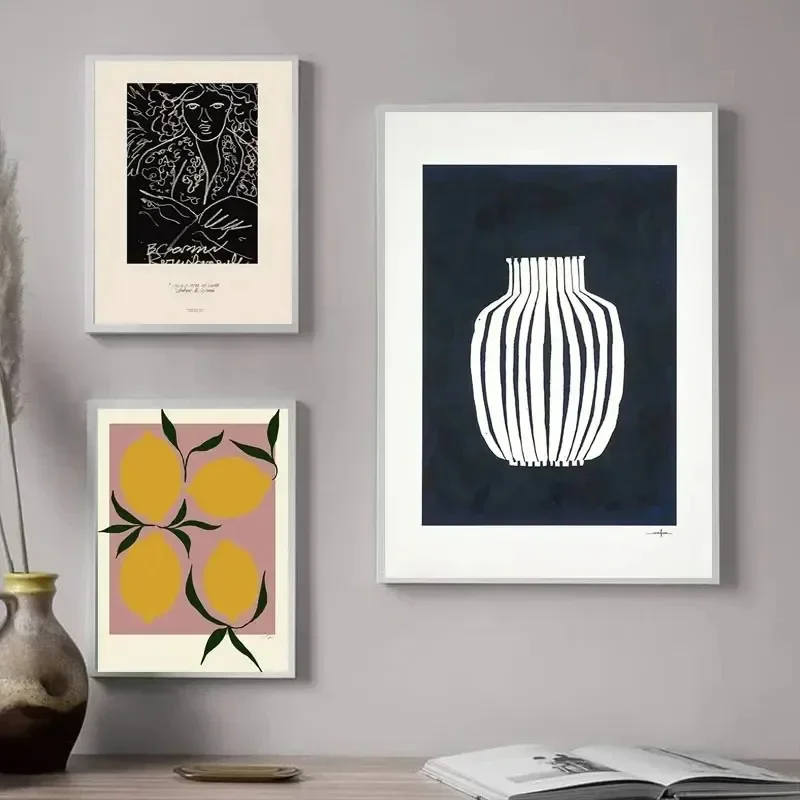 Interior Design Apartment - ภาพวาดเพชรแบบนอร์ดิก ภาพติดผนัง ภาพนามธรรม แจกันมะนาว ภาพพิมพ์ลายเรขาคณิต ตกแต่งภายในห้องนั่งเล่น