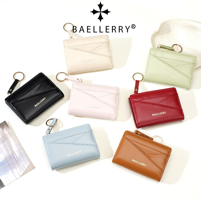 Interior Design Photo - กระเป๋าสตางค์สั้นผู้หญิง Baellerry หนัง PU สีมาการองเรียบง่าย ลายนูน